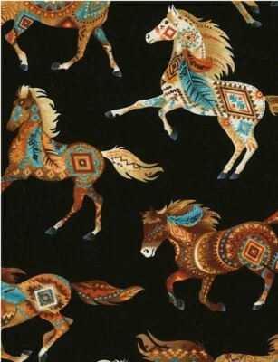 Western, Southwest, Horse Fabric! 1yd•BTY 100% Cotton•Black/Multi•Fast Ship! - Изображение 1 из 2