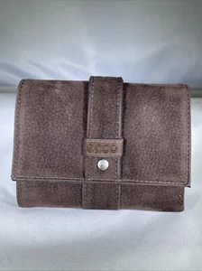 Ecco Brown Suede I.D. Wallet Tri-Fold Button Zip Compartment Card Holders Clutch - Picture 1 of 17