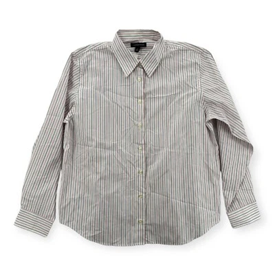 Lands End Top Womens Size 14 Petite Long Sleeve Button Up White Stripe Shirt NEW - Image 1 of 4