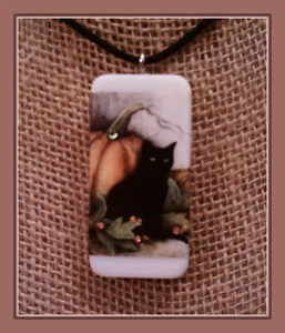 MISTY MORNING BLACK CAT IN THE FALL - DOMINO PENDANT WITH CORD AND CRYSTALS - Picture 1 of 3