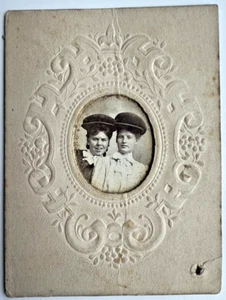 Tiny 1800's CABINET CARD TWO WOMEN IN CRAZY HATS Portrait 9E - Picture 1 of 4