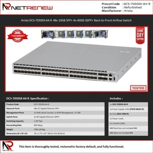 Arista DCS-7050SX-64-R 48x 10GB SFP+ 4x 40GB QSFP+ Back-to-Front Airflow Switch - Bild 1 von 1