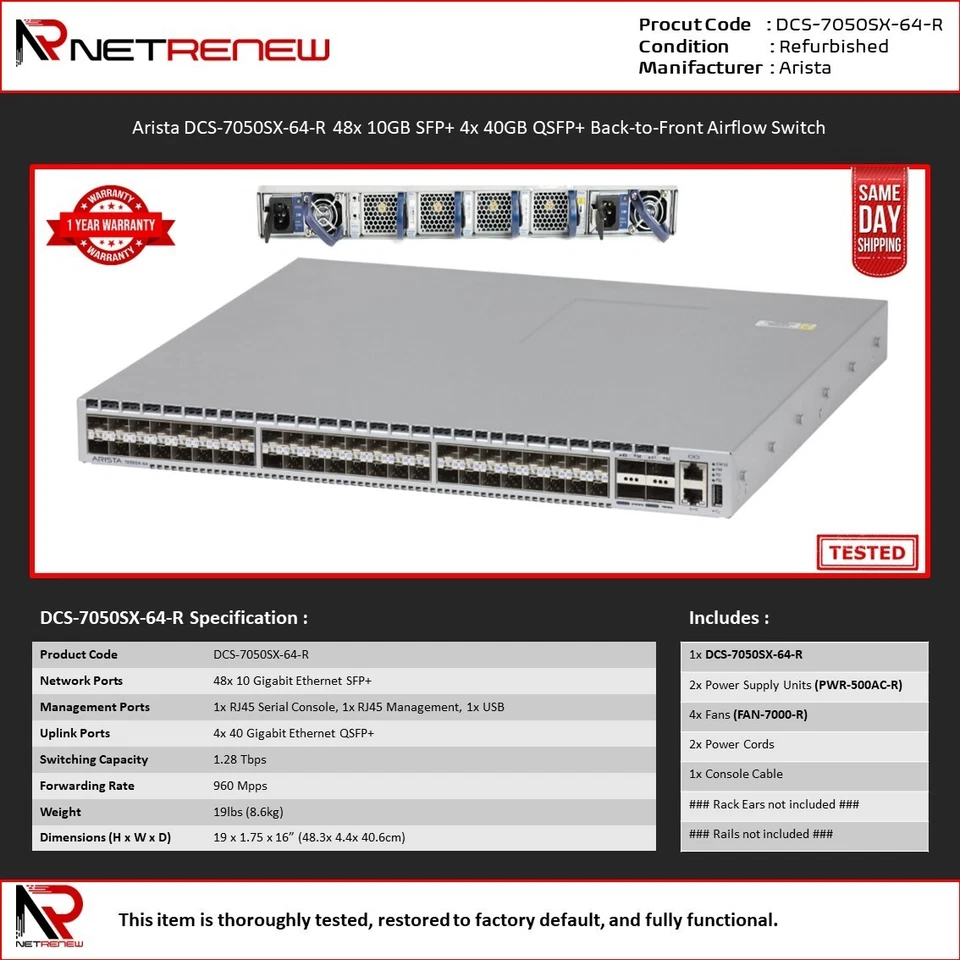 Arista DCS-7050SX-64-R 48x 10GB SFP+ 4x 40GB QSFP+ Back-to-Front Airflow Switch - Image 1 of 1