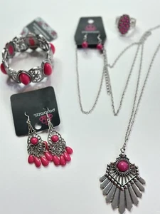 Jewelry Set Paparazzi Necklace Earrings Bracelet Ring Silver Pink Retro Western - Picture 1 of 22
