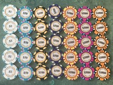 35 Magnetic Monte Carlo Poker Club Chips 5 Each- $1,50,100,500,1000,5000,10,000