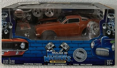 MUSCLE MACHINES 66 MUSTANG BUILD IT  ORANGE BLACK STRIP DIECAST NIB 1/18 1/64  - Image 1 of 4