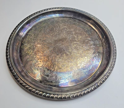 "Bandeja redonda para servir vintage Wm A Rogers plateada borde de cuerda patrón de 12"" 8701" Foto 1 de 4