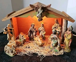 11 Piece Vintage 14" x 9" Nativity Scene Figure Set Made In Italy Lit Display - Picture 1 of 8