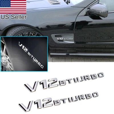2x Chrome Fender V12 BITURBO Emblems Badge For Mercedes Benz CL63 S65 G63 AMG - Image 1 of 4