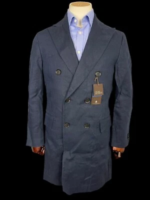 Oscar Jacobson Double Breasted Coat 48 UK38” 100% Linen Saul Delux Blue Peak - Image 1 of 4
