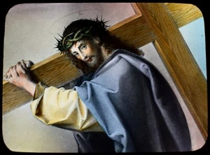 Linterna Mágica Diapositiva Llevando la Cruz C1890 Ilustración Jesús Religión - Imagen 1 de 3