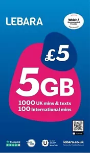 Carte SIM Lebara UK Pay As You Go préchargée 5 £ - 5 Go de données, 1000 minutes britanniques - Photo 1 sur 3