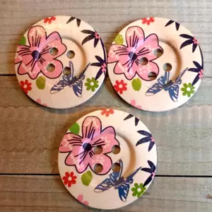 3 Flower Buttons Sewing Crafting Natural Wood 4 Hole 2" - Picture 1 of 2