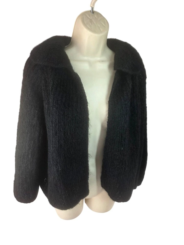 Cárdigan abierto con dobladillo corto hecho a mano años 50 60 para mujer talla M/L negro tejido suelto mohair Foto 1 de 4