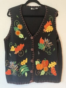 VTG Vest Fall Autumn Leaves flower Knit Cardigan Sweater EX Large Embroidered - Picture 1 of 21