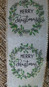 Ribbon Merry Christmas Wreath wired edge Gold Trim Burlap Look 2.5" Wide 5 Yds - Picture 1 of 4