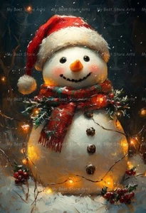 SNOWMAN SANTA HAT ART PRINT, Christmas Holiday Poster, Winter Home Decor E566 - Picture 1 of 2