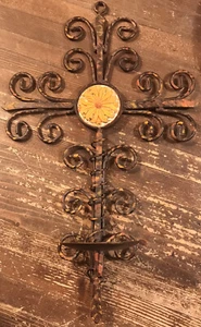 Metal Hanging Candle Holder With Orange Flower Center & Accents Foldable 18-7/8” - Picture 1 of 9