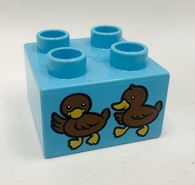 Lego Duplo Medium Azure Blue Printed Brick Block With Brown Baby Ducks 10581