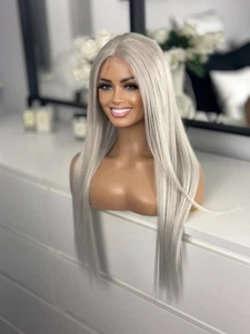 Ice Silver Fox Platinum Ash White Lace front 20” 26” 100% Human Long Hair Wig * - Picture 1 of 24