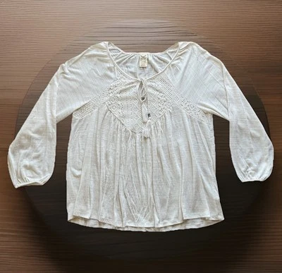 FADED GLORY Boho Peasant Ivory Lace Tunic Tassels Balloon Sleeve Women’s L 12/14 - Image 1 of 4