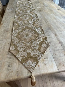 72" Vintage Damask Jacquard Brocade Table Runner Gold Floral Tassels MCM - Picture 1 of 7
