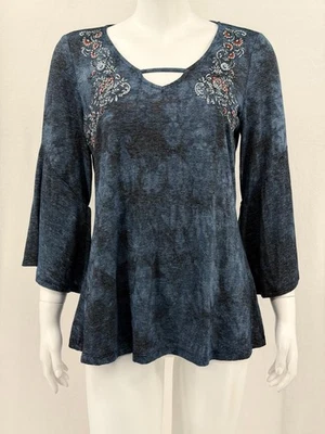 Camisa OneWorld feminina média azul marinho manga sino túnica bordada boho - Imagem 1 de 4