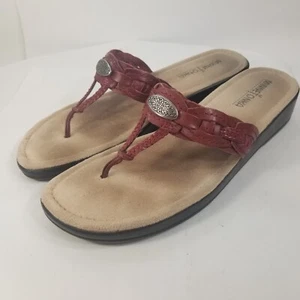 Minnetonka Womens 9 Red Leather Thong Slip On Flat Sandals Southwest Braided - Picture 1 of 9