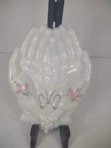 Westmoreland Milk Glass Open Hands Queen Victoria Hand painted Pink Roses vtg - Picture 1 of 14