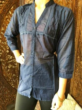 Boho Gypsy Hippy Soft Cotton Voile Casual Pleated Shirt Black Button Front Tops 