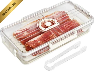 Bacon Storage Container Airtight Fridge Box with Tongs Cheese Deli Keeper - Picture 1 of 12