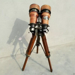 Binoculares con trípode de madera cubierto de cuero artículo de decoración del hogar marítimo - Imagen 1 de 6