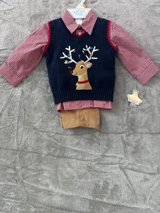 Nursery Rhyme Reindeer Christmas Sweater Vest Outfit 12M Navy Red Khaki W/ Tags - Picture 1 of 6