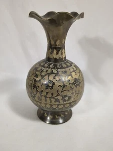 Vintage 6 1/8” Brass Floral Hand Painted Enamel Vase Ruffled Top - Picture 1 of 6