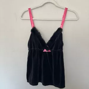 Cato schwarz Samt Trägertop flauschige Borte rosa Schleife Y2K Dessous kleines Babydoll 2000er - Bild 1 von 6