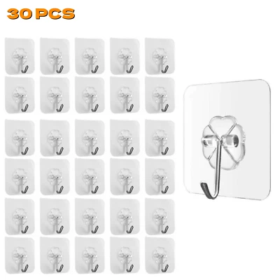 20-40Pcs Adhesive Sticky Hooks Heavy Duty Wall Seamless Hook Hangers Transparent - Image 1 of 4