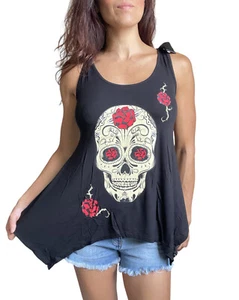 Jawbreaker Sugar Skull and Roses Black Skull Lace Flowy Tank Top - Picture 1 of 5