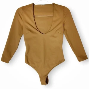 Intimately Free People Close Call Bodysuitl Sz XS   Thong V Neck Tobacco Neutral - Picture 1 of 12