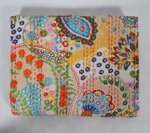 Indian Hand block Print Kantha Quilt Blanket Cotton Queen Bedspread Throw Queen - Picture 1 of 5