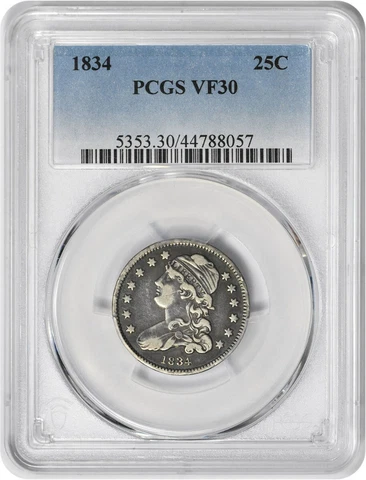 1834 Bust Silver Quarter VF30 PCGS Cover