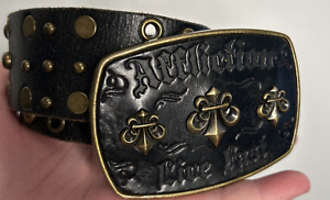 Affliction Brass Carved Leather "Live Fast" Fleur De Lis Studded Belt Size Large