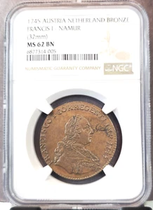 1745 AUSTRIAN NETHERLANDS BRONZE FRANCIS I NAMUR NGC MS 62 BN RARE TOP POP 1 - Picture 1 of 3