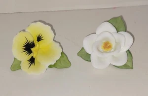 Vintage Andrea By Sadek Porcelain Flowers Pansey Magnolia 2 each 2.75" wide each - Picture 1 of 8