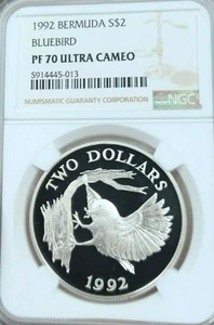 1992 BERMUDA SILVER 2 DOLLARS S$2 BLUEBIRD NGC PF 70 ULTRA CAMEO PERFECTION !!! - Picture 1 of 4