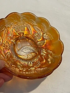 VINTAGE ORANGE IRIDESCENT SMALL CARNIVAL GLASS PEACOCK BOWL - 14 CMS ACROSS - Picture 1 of 12