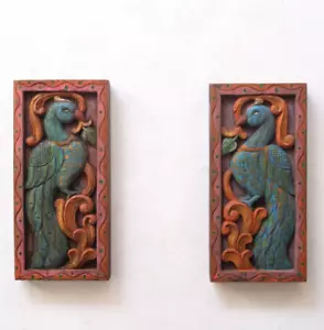 Coppia Uccellini Statua Pannello Appeso Verticale Pavone Decorazione Vintage Scultura Pavone - Foto 1 di 8