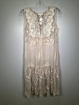Sundance Midi Dress S Sheer Beige Crochet Tiered Cottagecore Fairycore - Image 1 of 4
