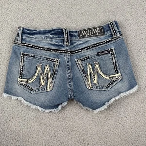 Miss Me The M Series jean shorts distressed Mulberry embroidered Logo SZ 26 - Picture 1 of 14