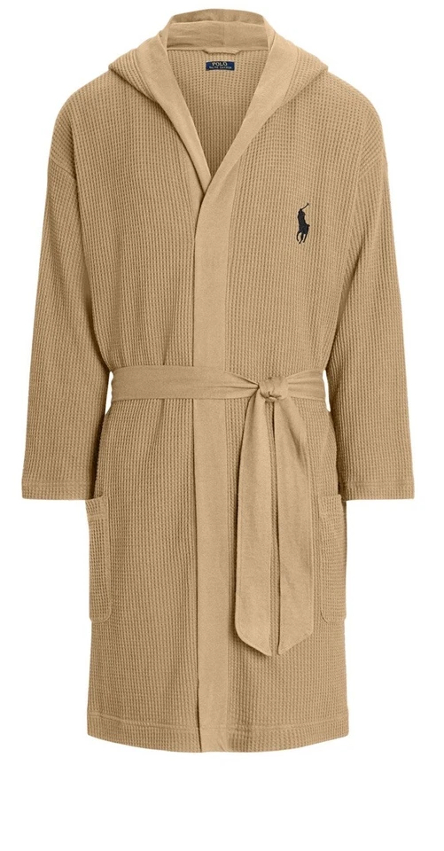 Polo Ralph Lauren Men's Hooded Thermal Robe Waffle Knit Beltes Pockets L XL Tan - Image 1 of 4