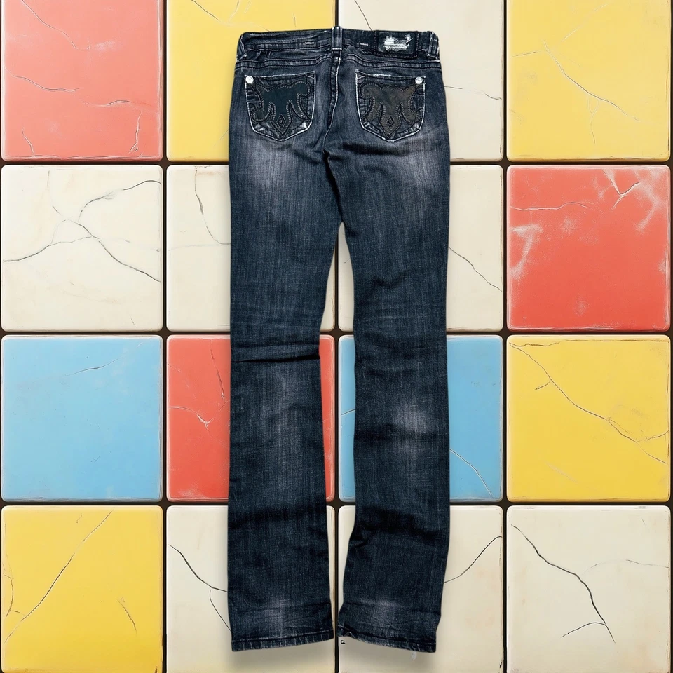 Pantalones de mezclilla Mek Y2K de colección para mujer 27 X 36 negros Plymouth lavado oscuro desgastados a mano Foto 1 de 4